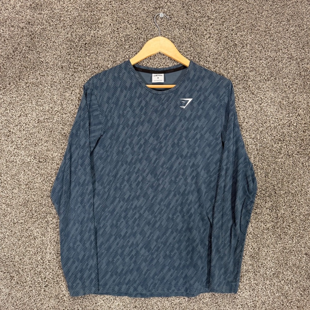 Gymshark Critical Shirt Mens M Blue Geometric Long Sleeve Cotton Stretch Workout